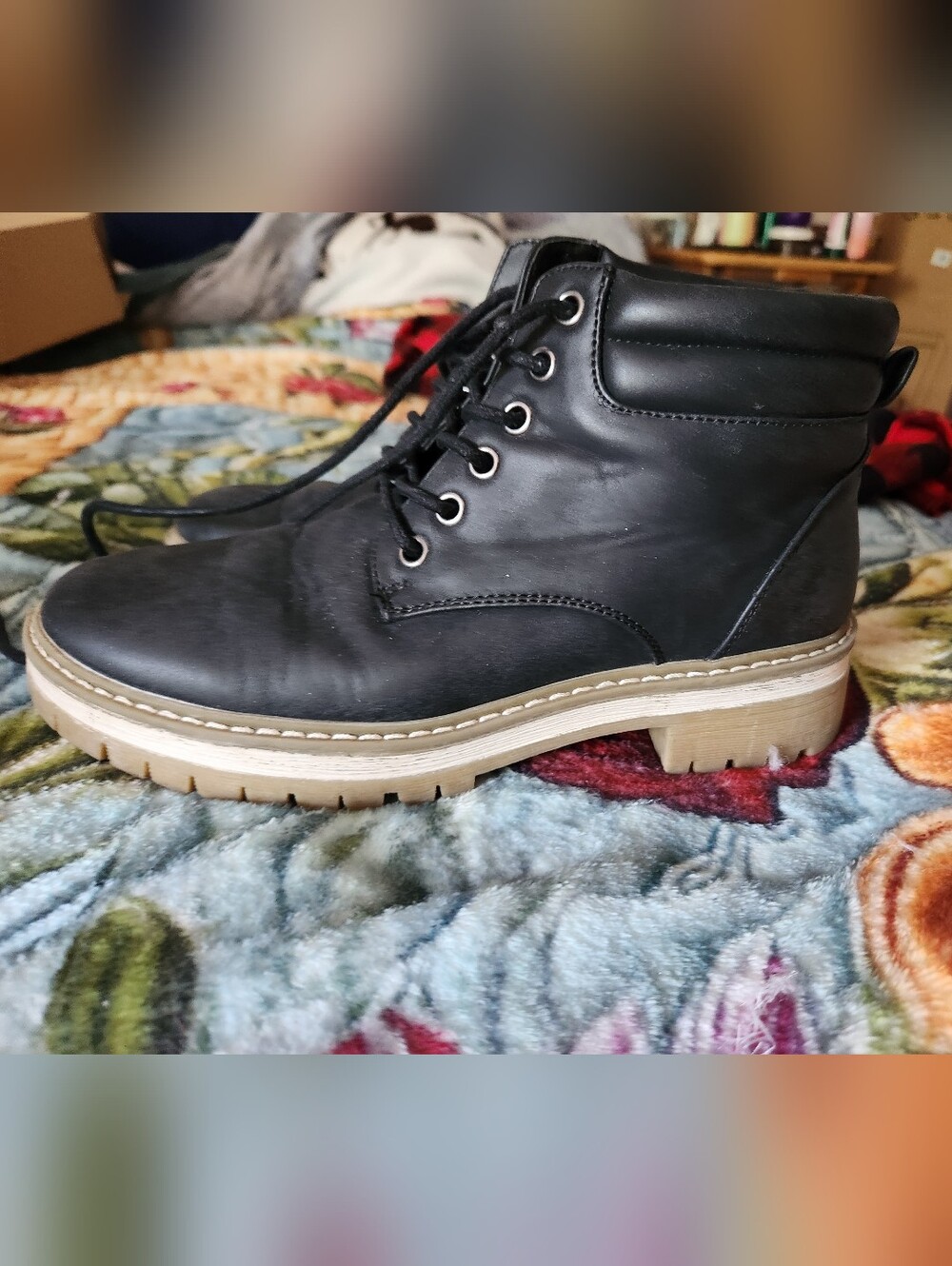 Barely Worn! Black Lace-Up Women’s Ankle Boots with Tan Sole